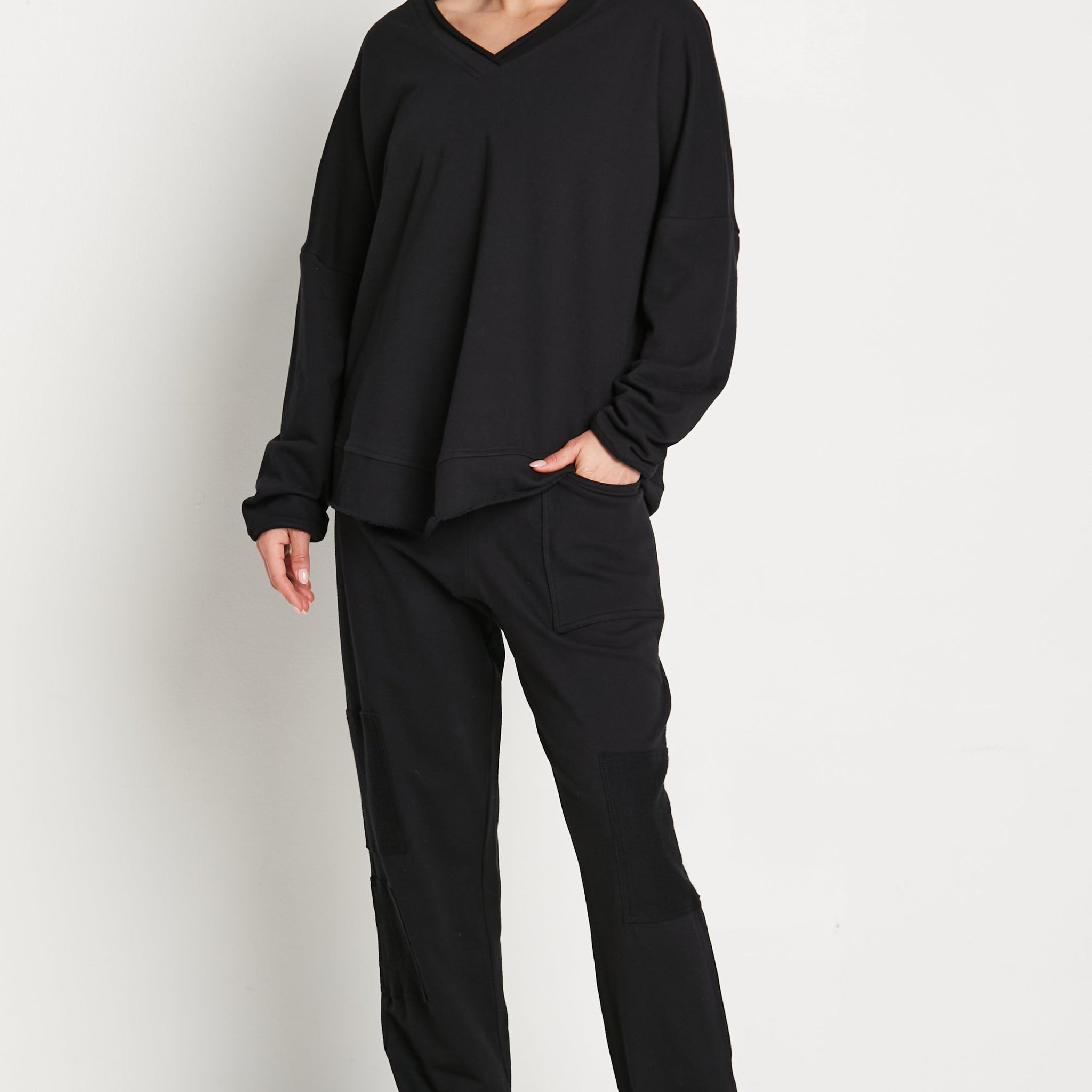 French Terry Color Block V Neck Top