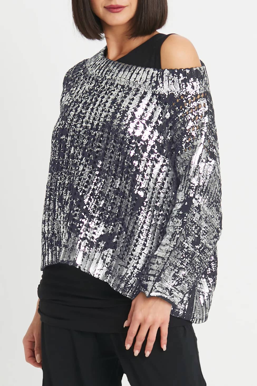 Pima Cotton Metallic Crochet Boatneck Sweater