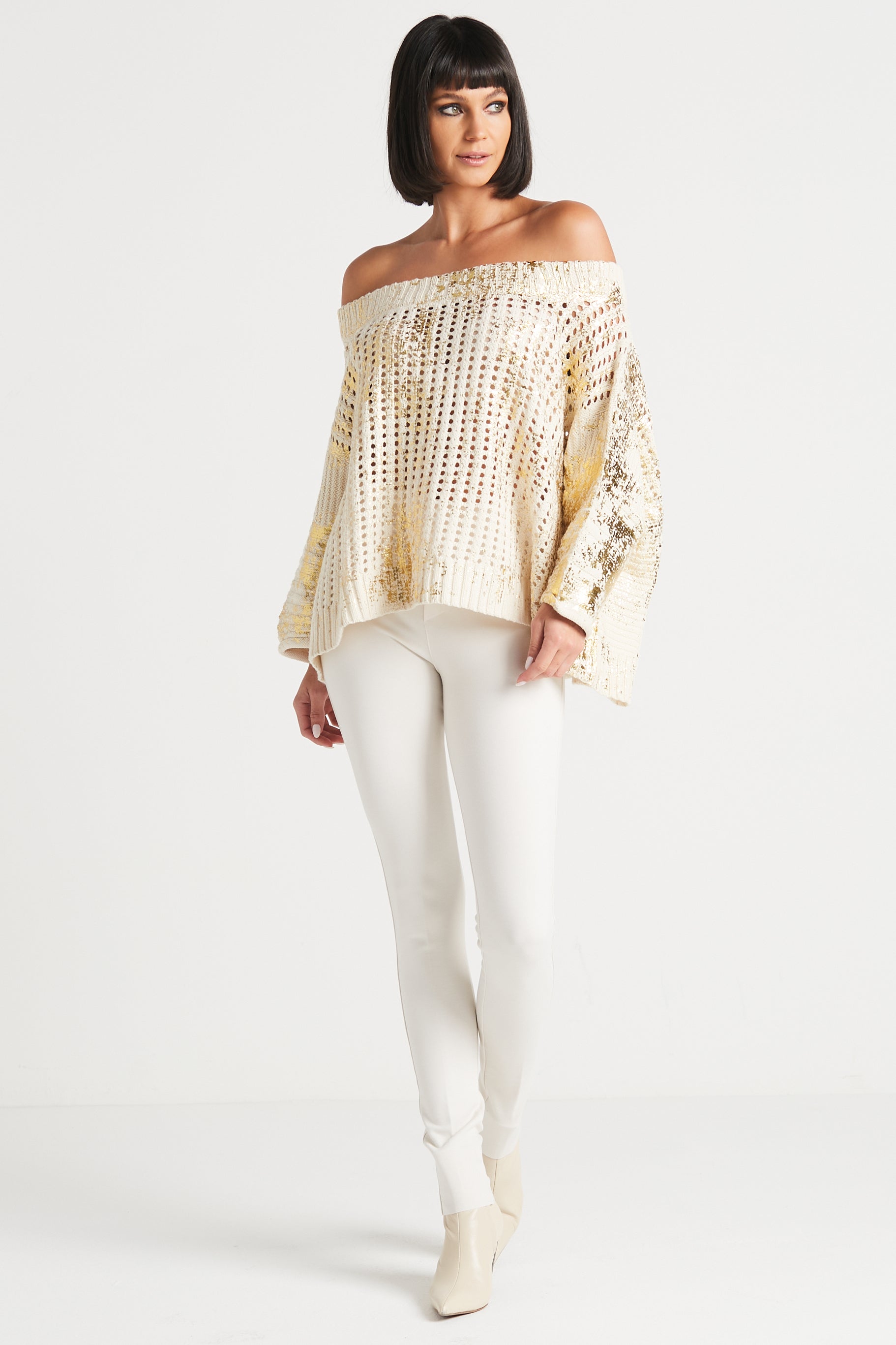 Pima Cotton Metallic Crochet Boatneck Sweater