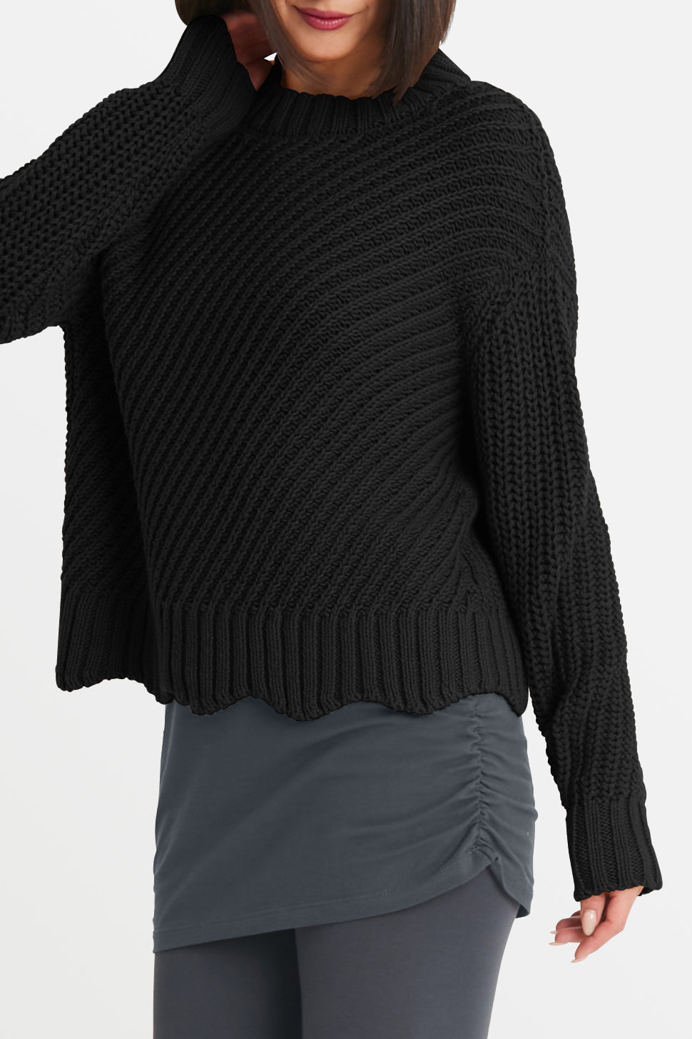 Cotton Diagonal Knit Crewneck Sweater