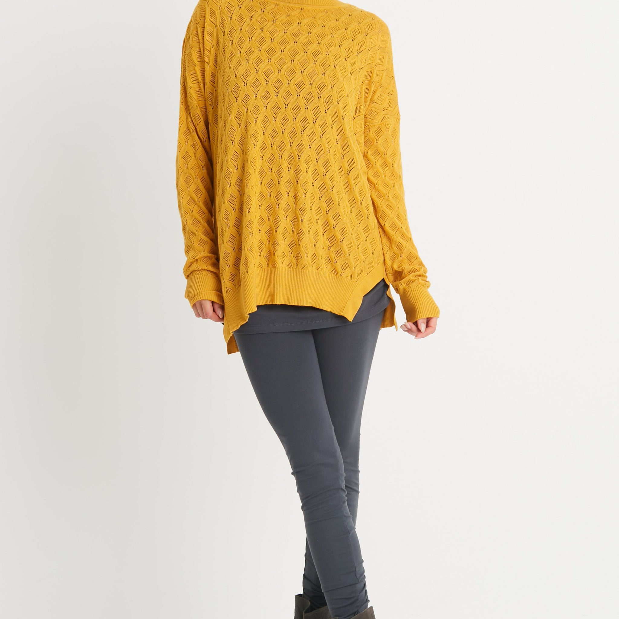 Pima Cotton Long Diamond Weave Crewneck Sweater