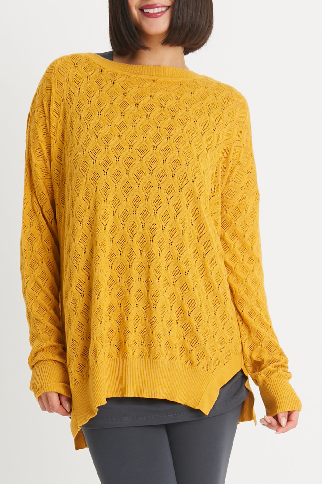 Pima Cotton Long Diamond Weave Crewneck Sweater