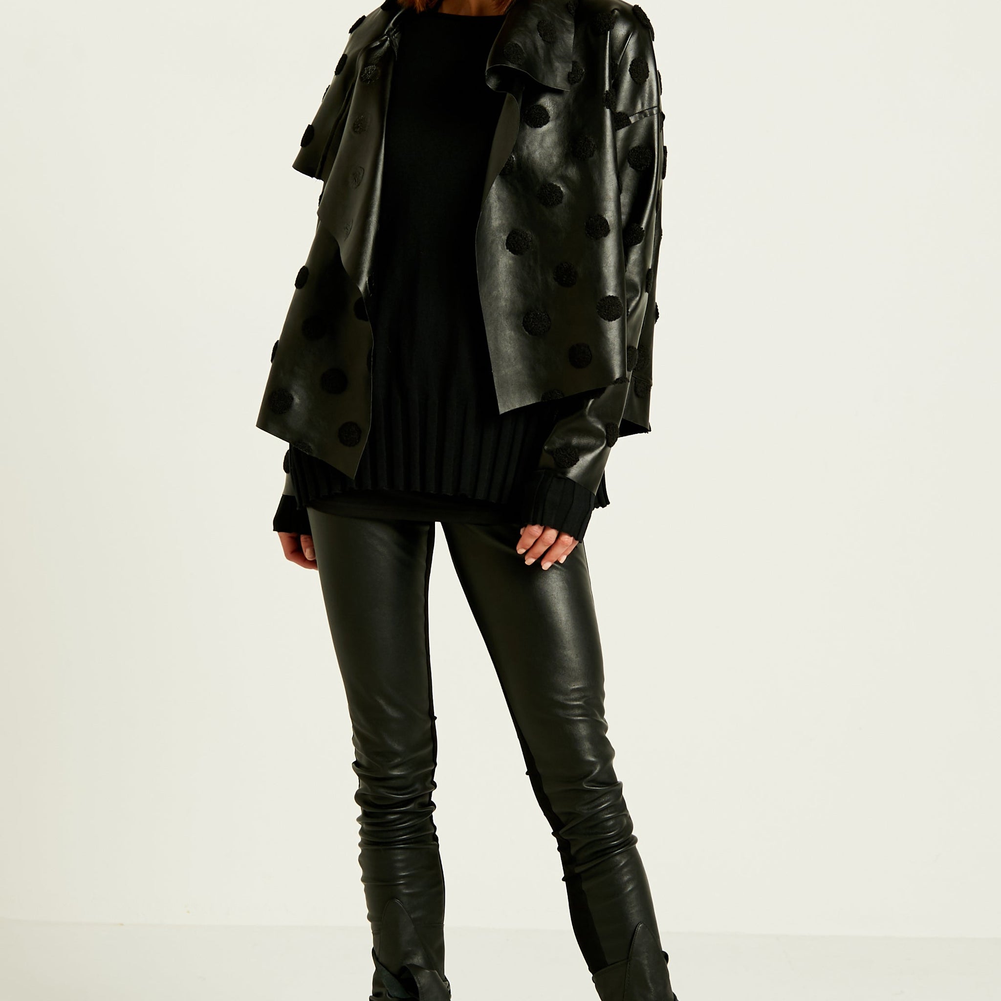 Vegan Leather Cropped Asymmetrical Dots Jacket