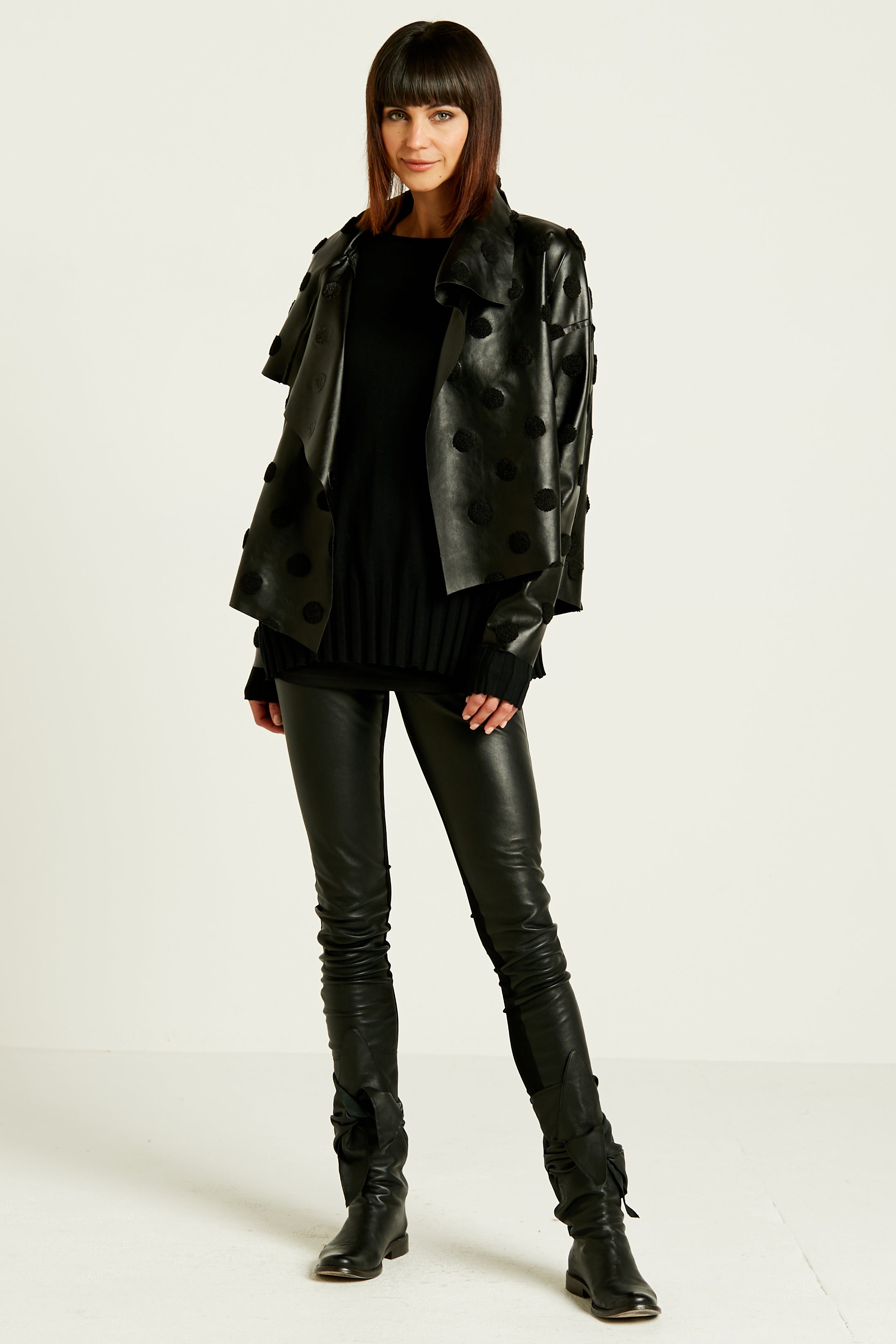 Vegan Leather Cropped Asymmetrical Dots Jacket