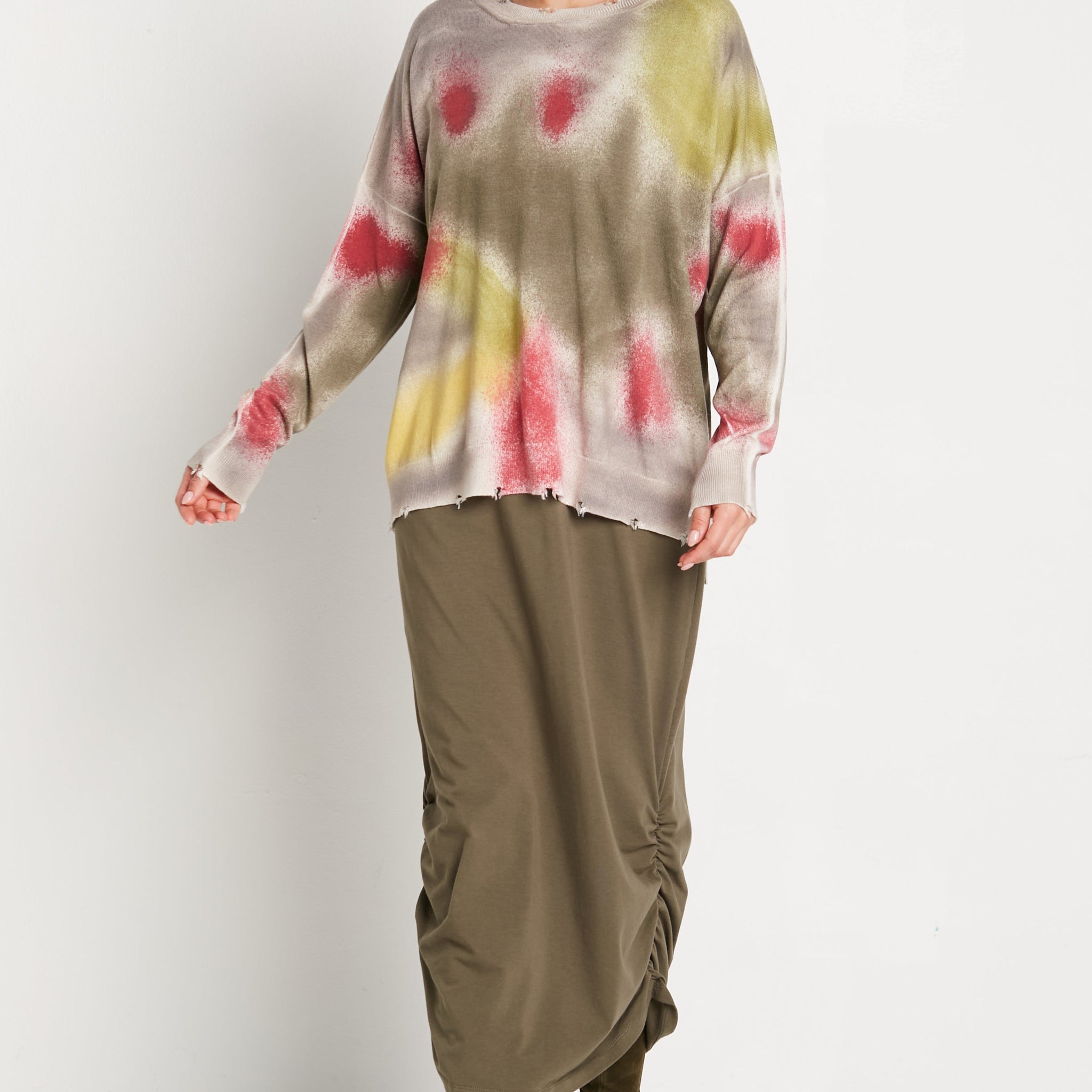 Pima Cotton Long Spray Can Tattered Crewneck Sweater