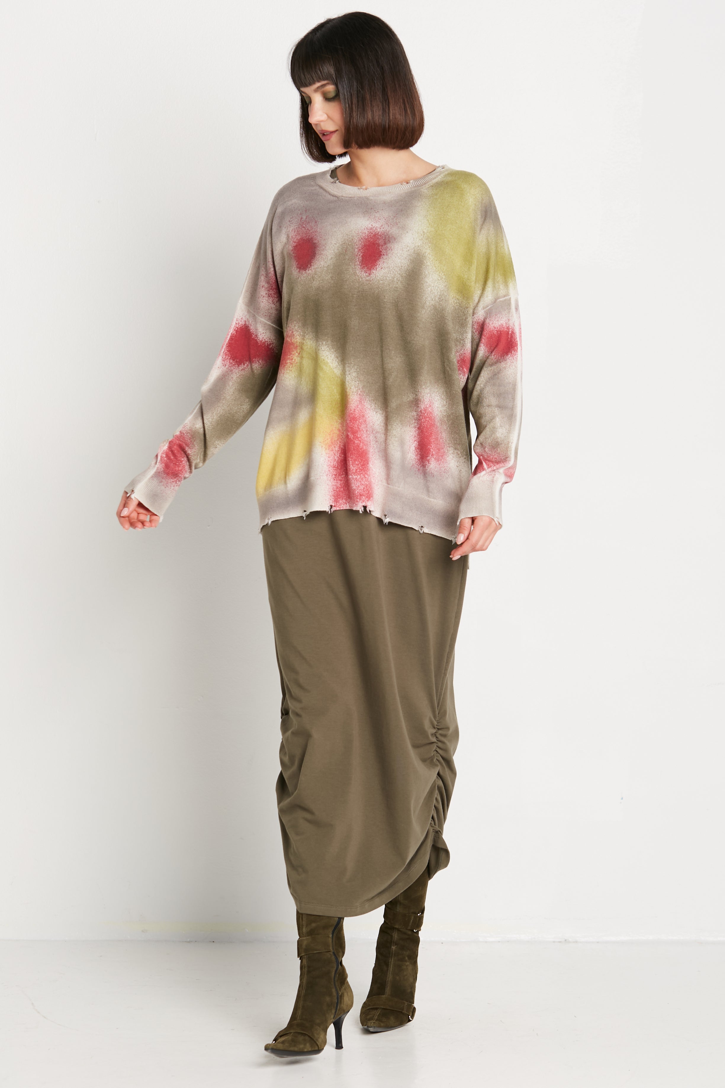 Pima Cotton Long Spray Can Tattered Crewneck Sweater