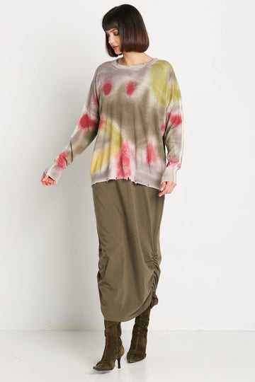 Pima Cotton Long Spray Can Tattered Crewneck Sweater