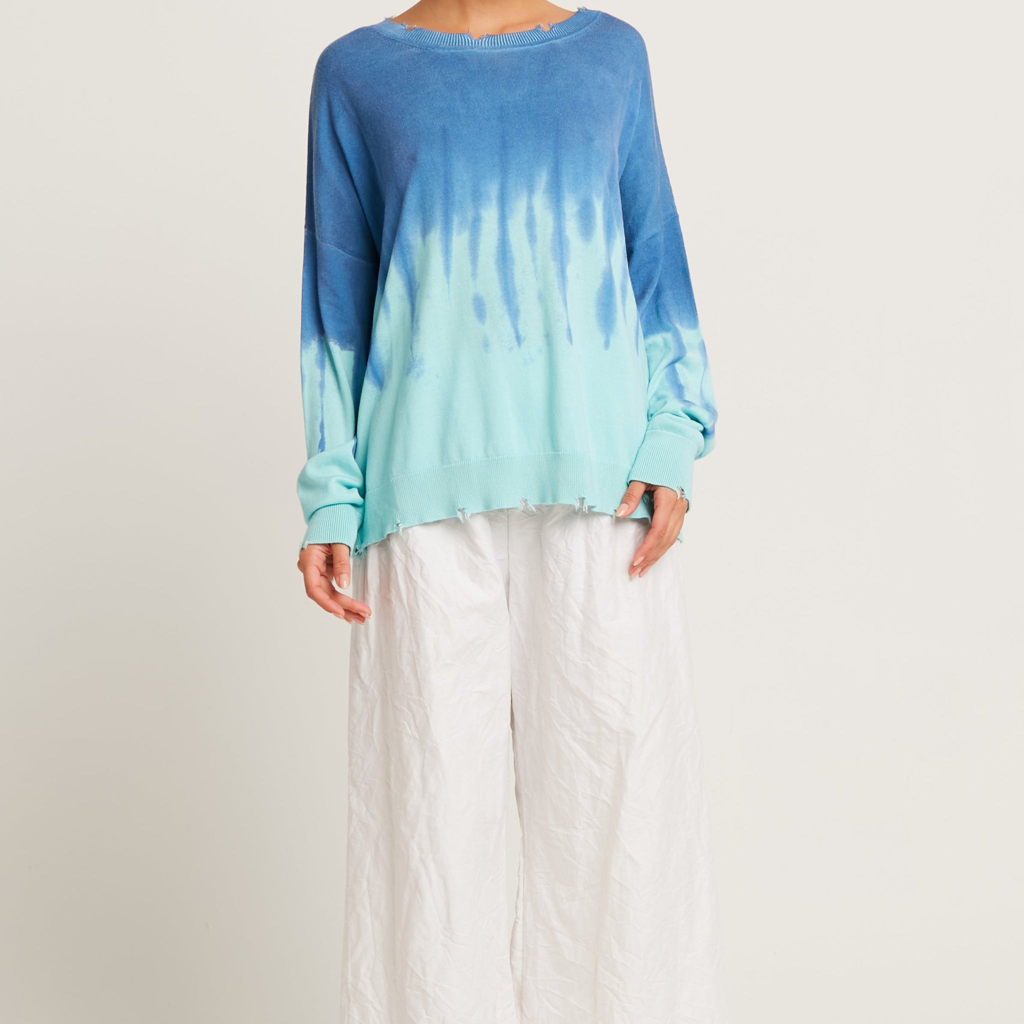 Pima Cotton Bled Out Tattered Crewneck Sweater