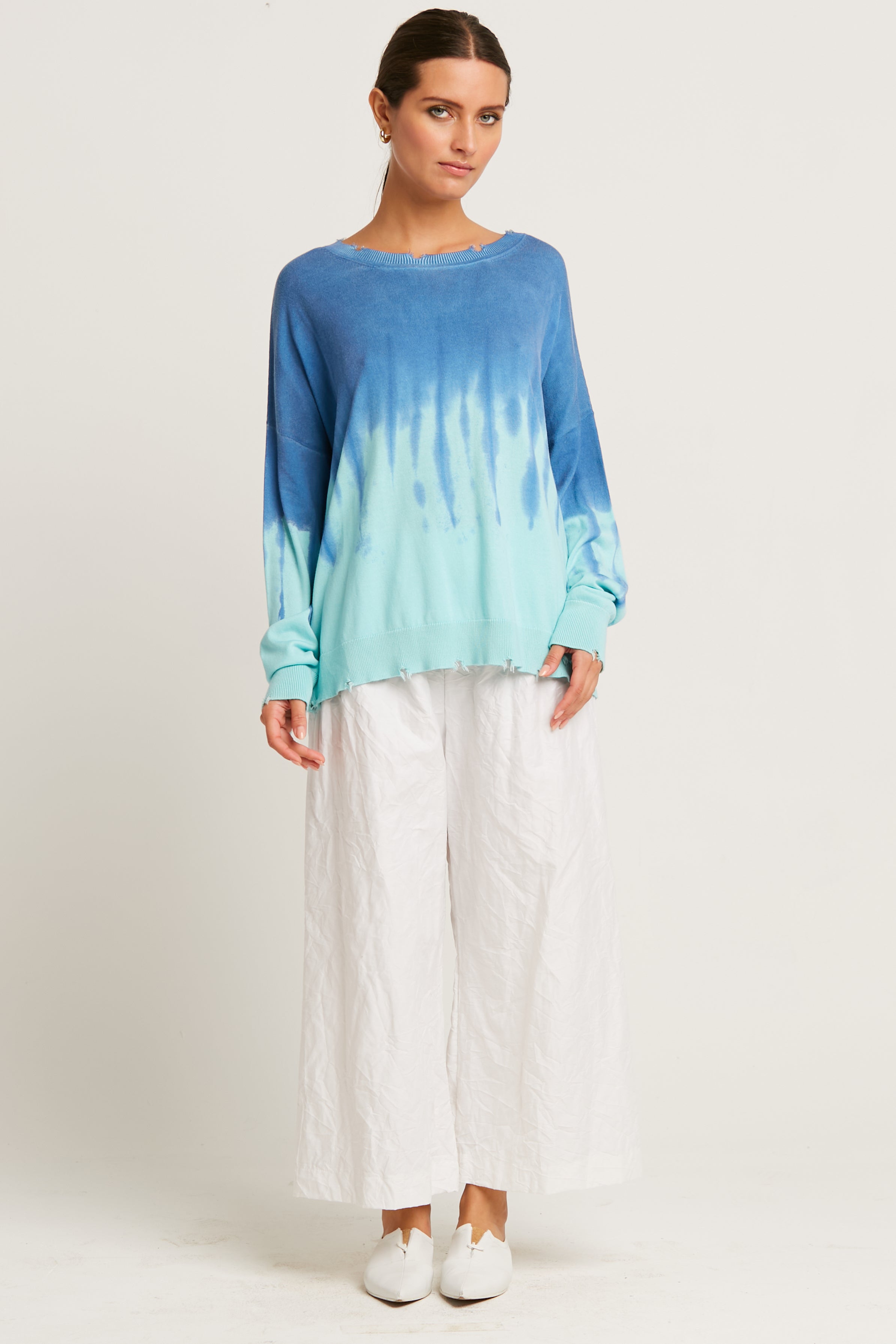 Pima Cotton Bled Out Tattered Crewneck Sweater