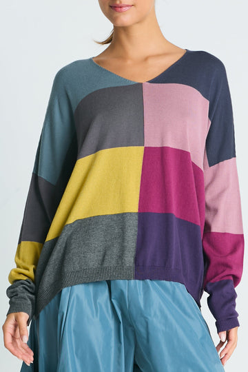 Pima Cotton Patchwork V Neck Sweater