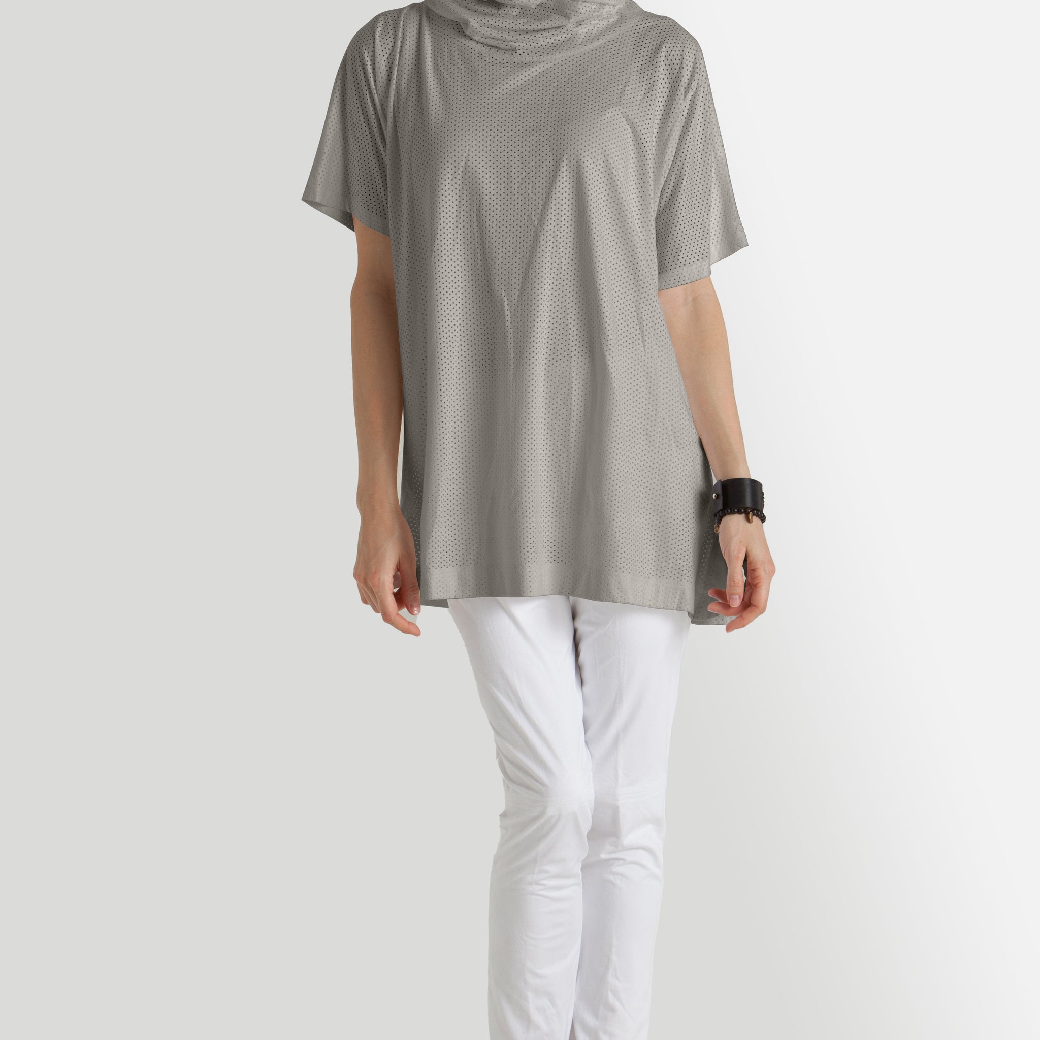 Perforated Suede Cowl Neck Hoodie