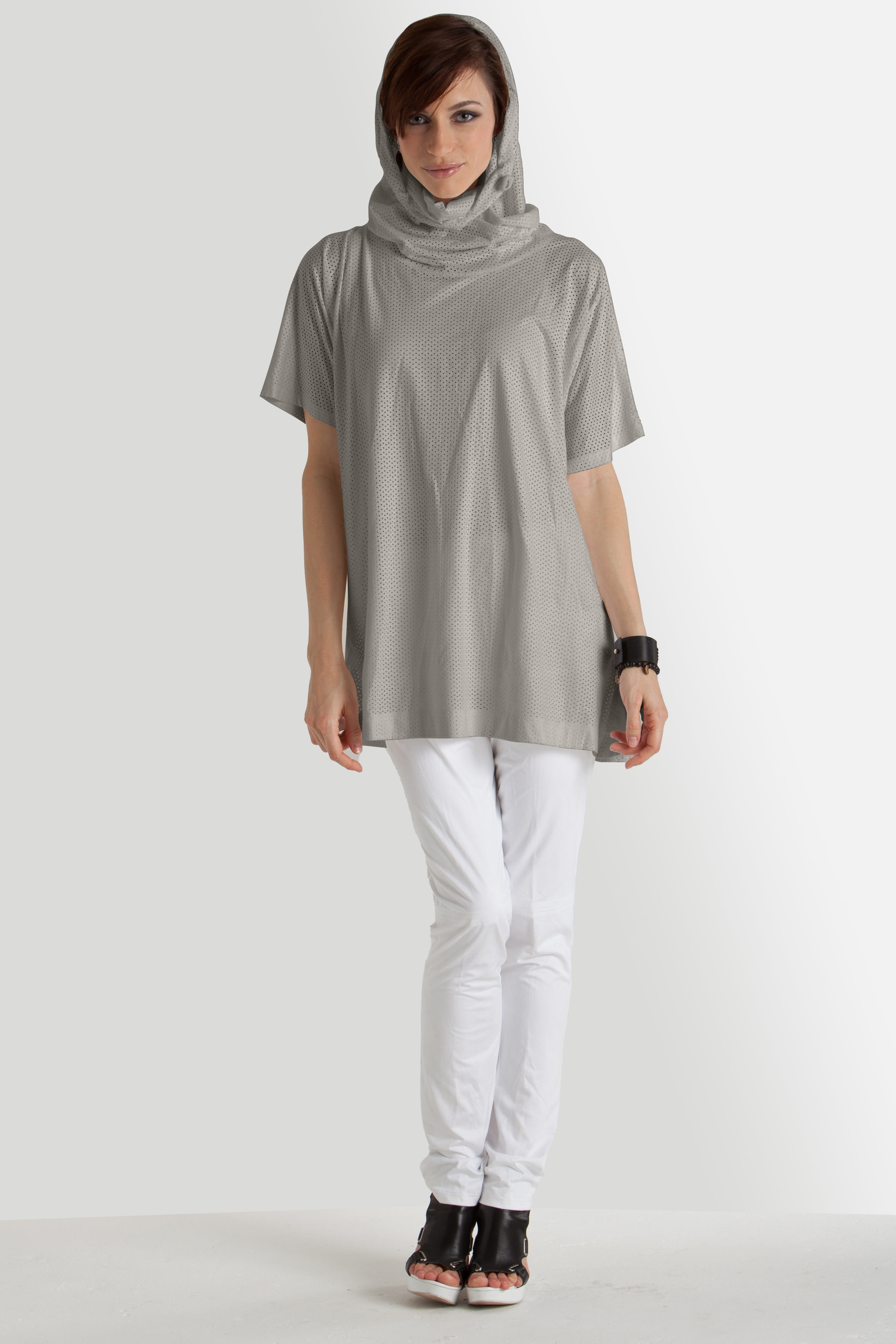 Perforated Suede Cowl Neck Hoodie