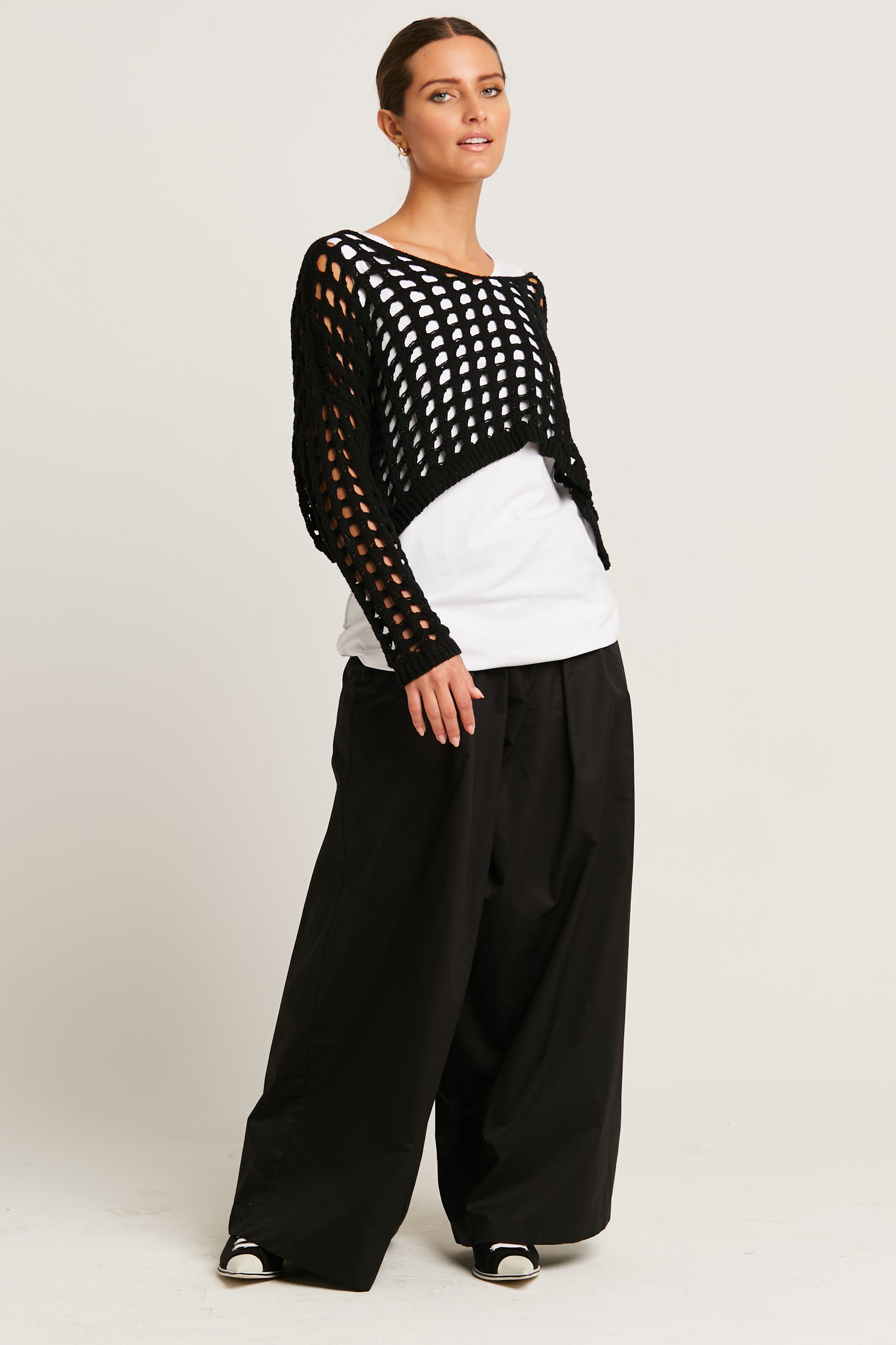 Pima Cotton Mini Crochet Split Neck Knit