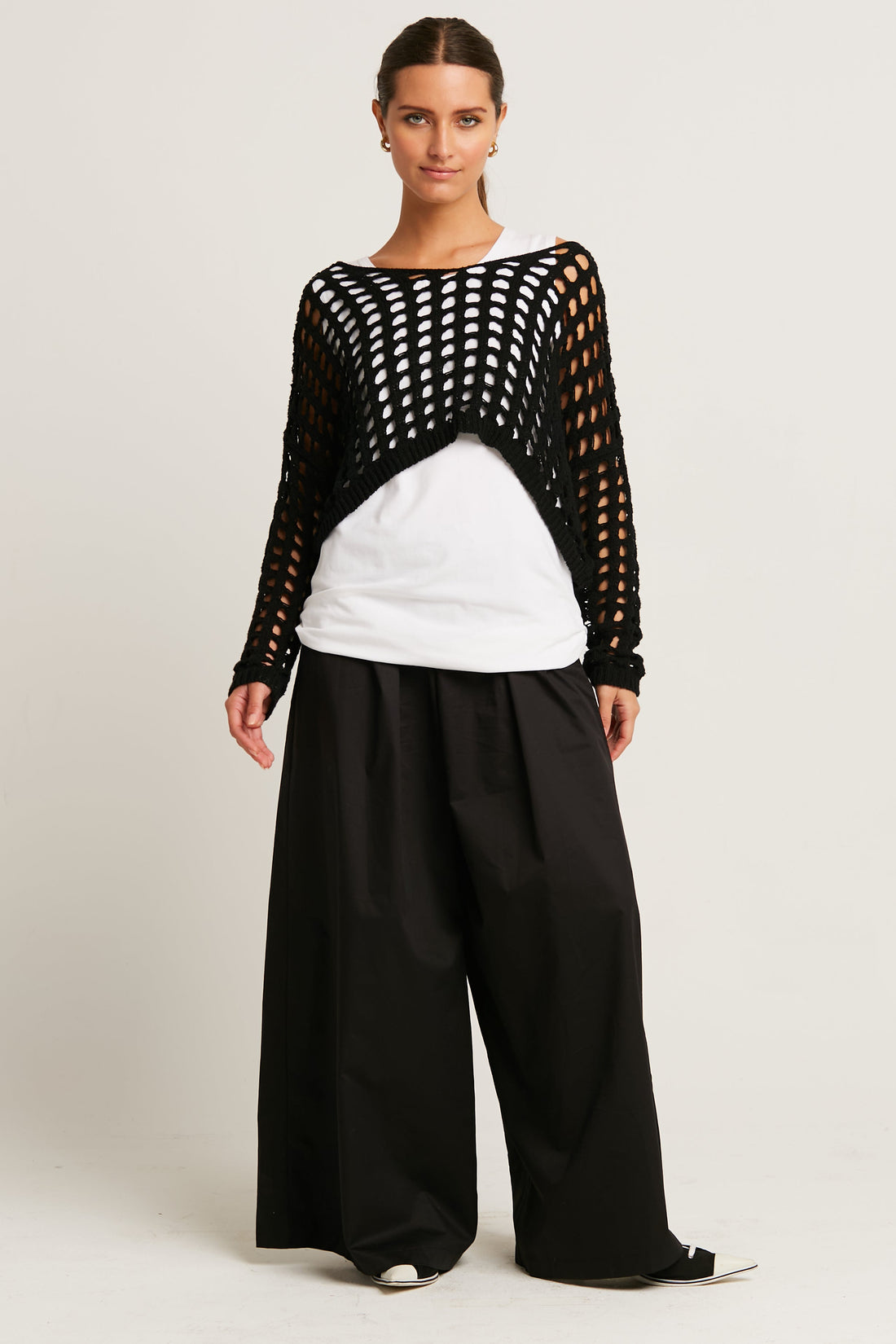 Pima Cotton Mini Crochet Split Neck Knit