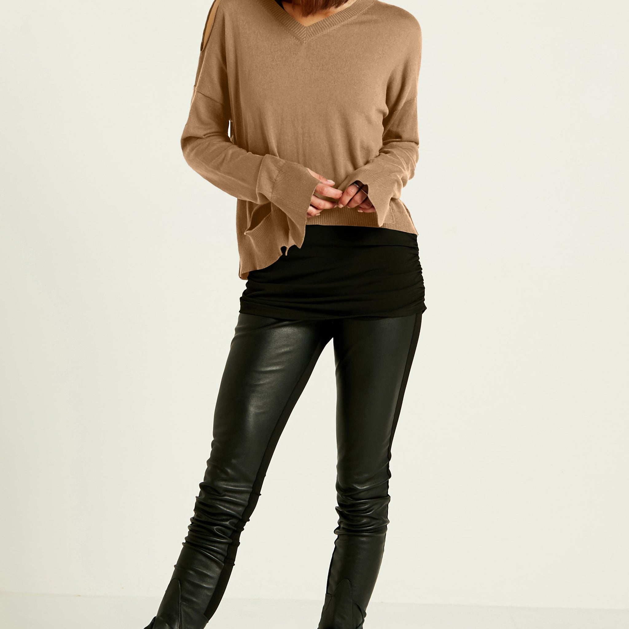 Pima Cotton Ripped Mini V Neck Sweater